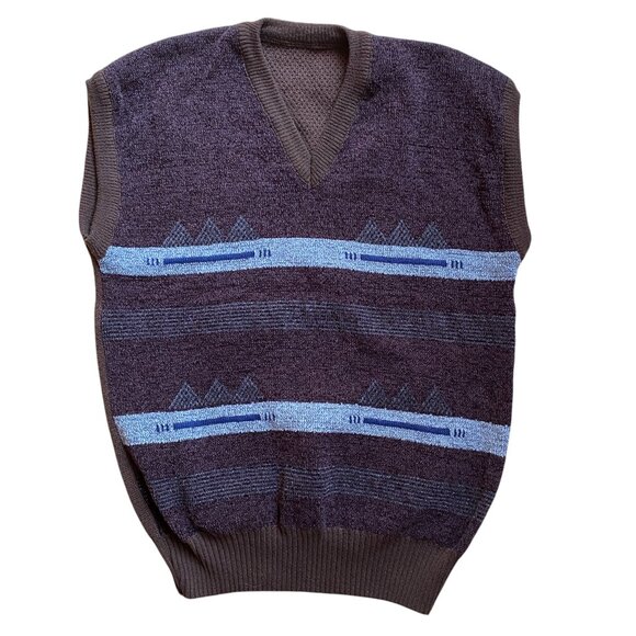 Vintage Chenille Striped Western Sweater Vest Academia 70s Aztec Tribal Sz S - Picture 1 of 8